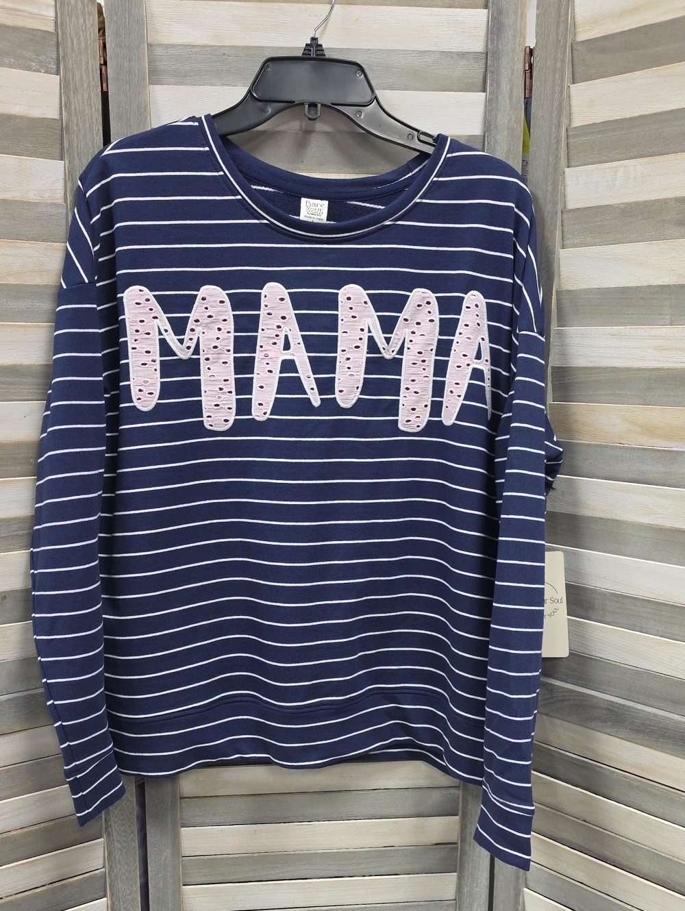 Navy Stripe 'MAMA' Crewneck Sweatshirt with Pink Appliqué